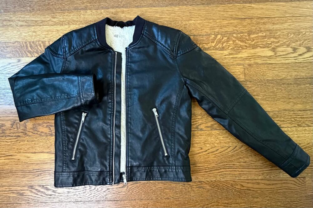 H&M Black Fur Lined Fake Leather Jacket Size 9-10